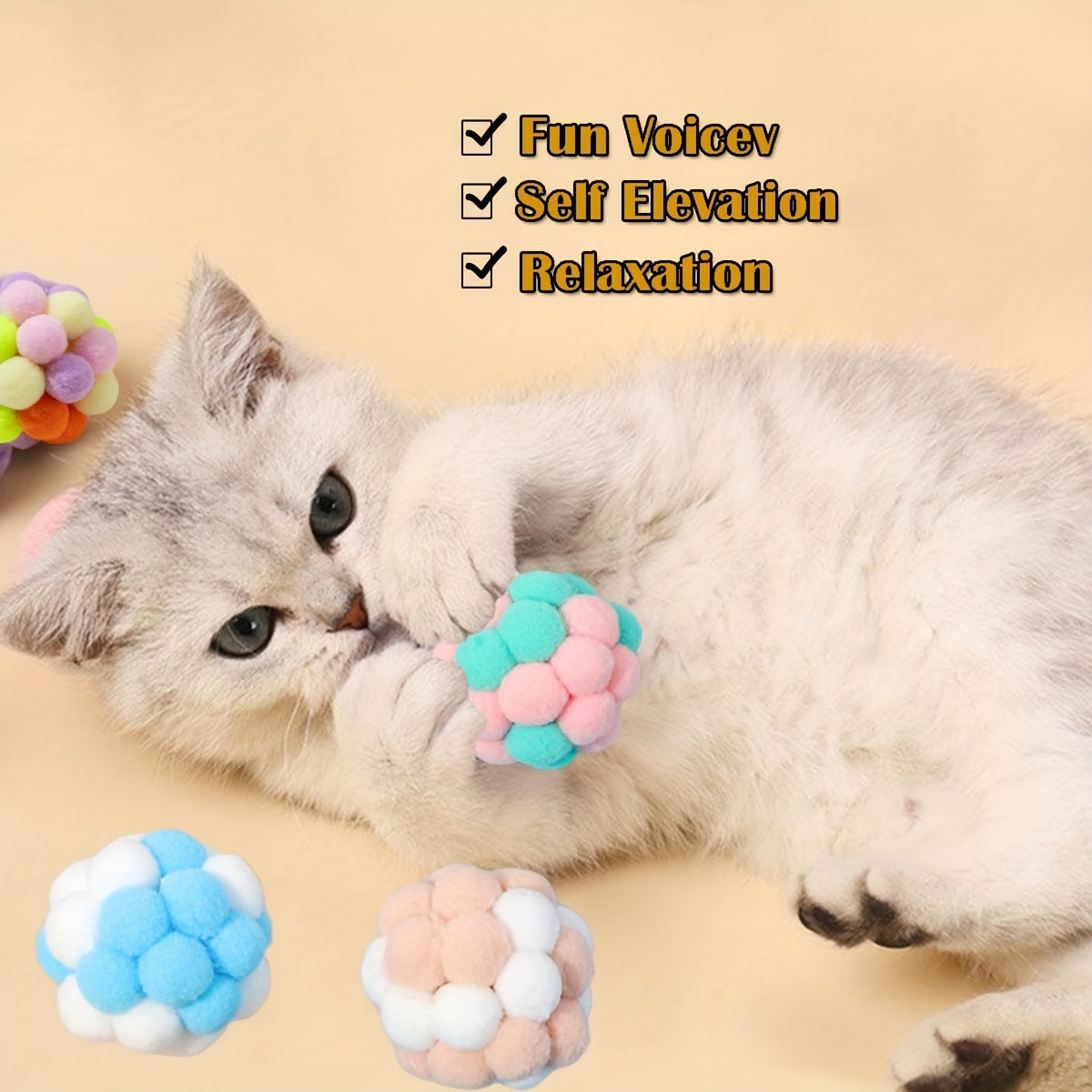 EURO VIBE Cat Pom Pom Ball Toys – Soft Interactive Play Balls UK