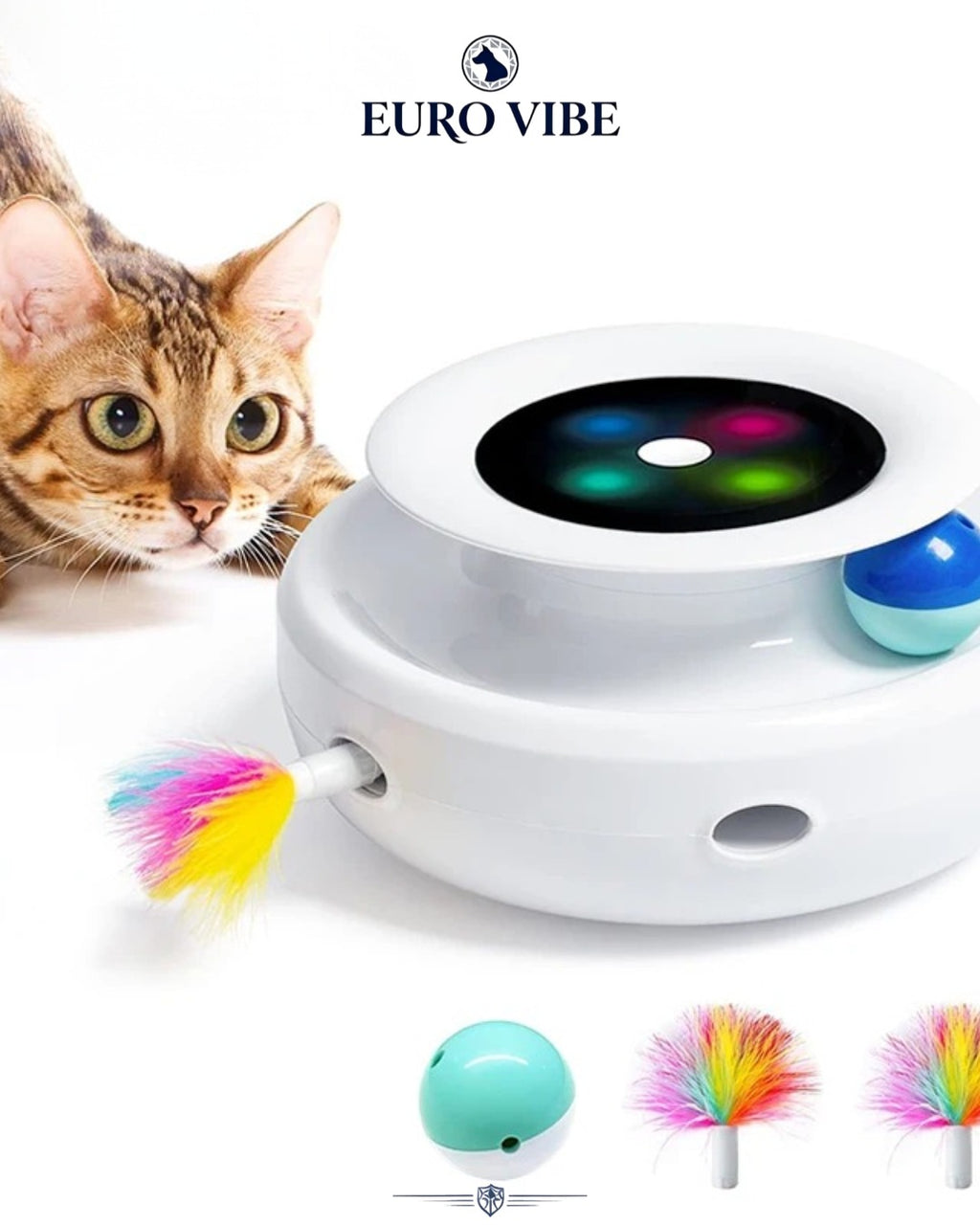 EURO VIBE Interactive LED Cat Toy with Feather & Rolling Ball