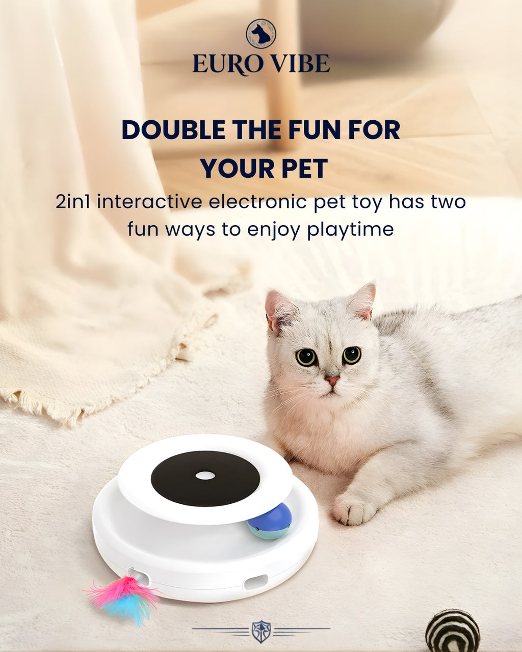 EURO VIBE Interactive LED Cat Toy with Feather & Rolling Ball