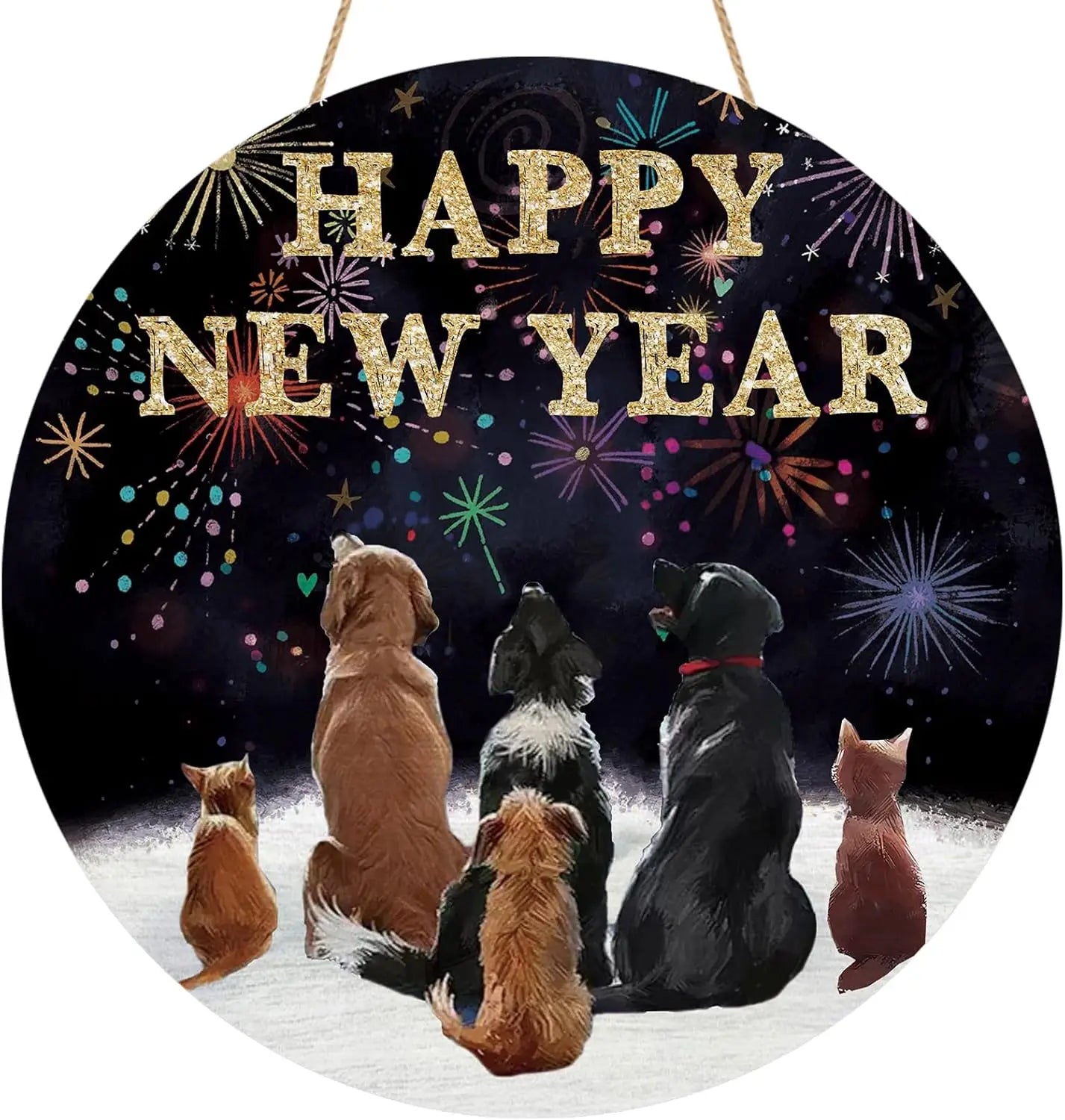 Happy New Year Dog Cat Wooden Door Sign – Festive Decor | EURO VIBE