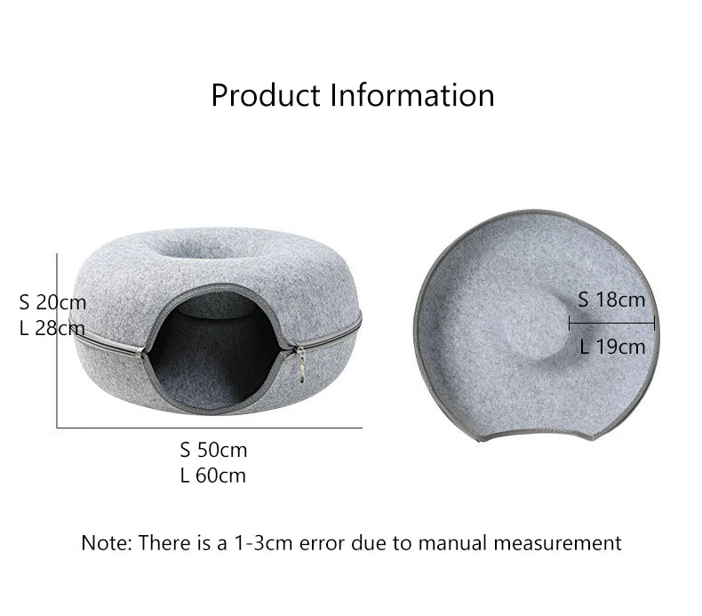 “Premium Grey Felt Donut Cat Bed & Cave – Enclosed Cat Sleep Pod