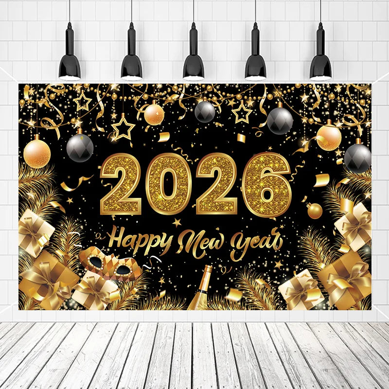 New Year 2026 Backdrop – Gold Party Banner for Photos | EURO VIBE