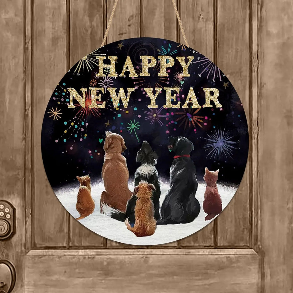 Happy New Year Dog Cat Wooden Door Sign – Festive Decor | EURO VIBE