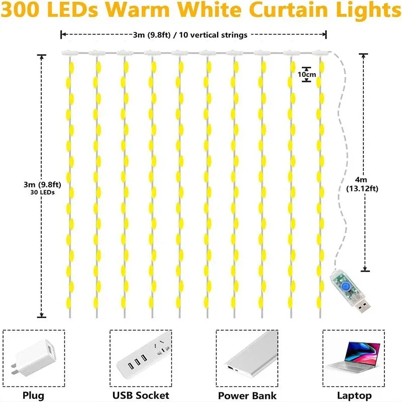 EURO VIBE 3M 300 LED Curtain Fairy Lights – Warm White Indoor Outdoor Décor