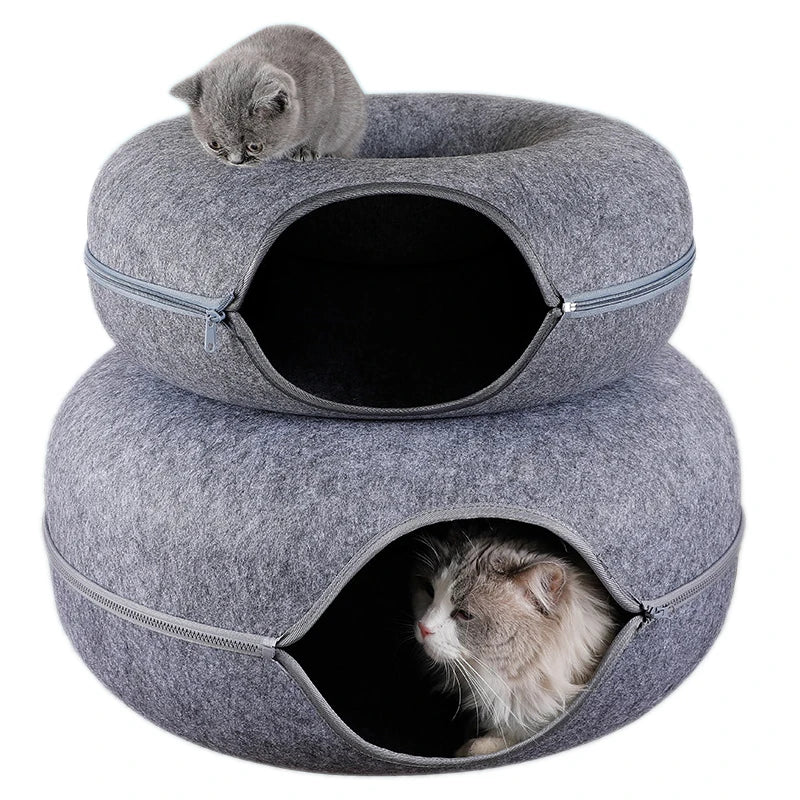 “Premium Grey Felt Donut Cat Bed & Cave – Enclosed Cat Sleep Pod
