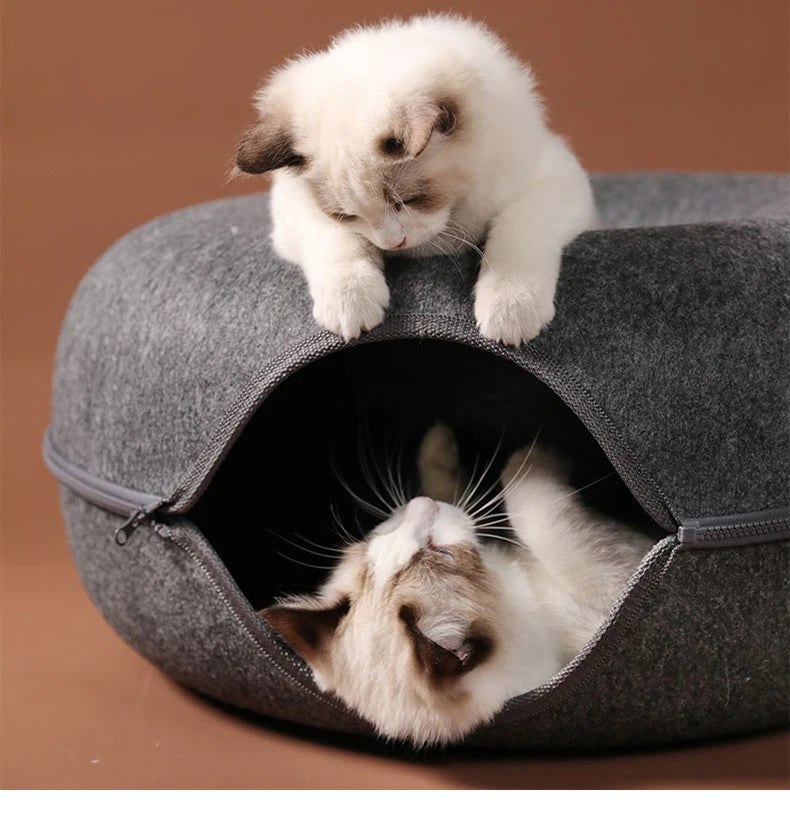 “Premium Grey Felt Donut Cat Bed & Cave – Enclosed Cat Sleep Pod