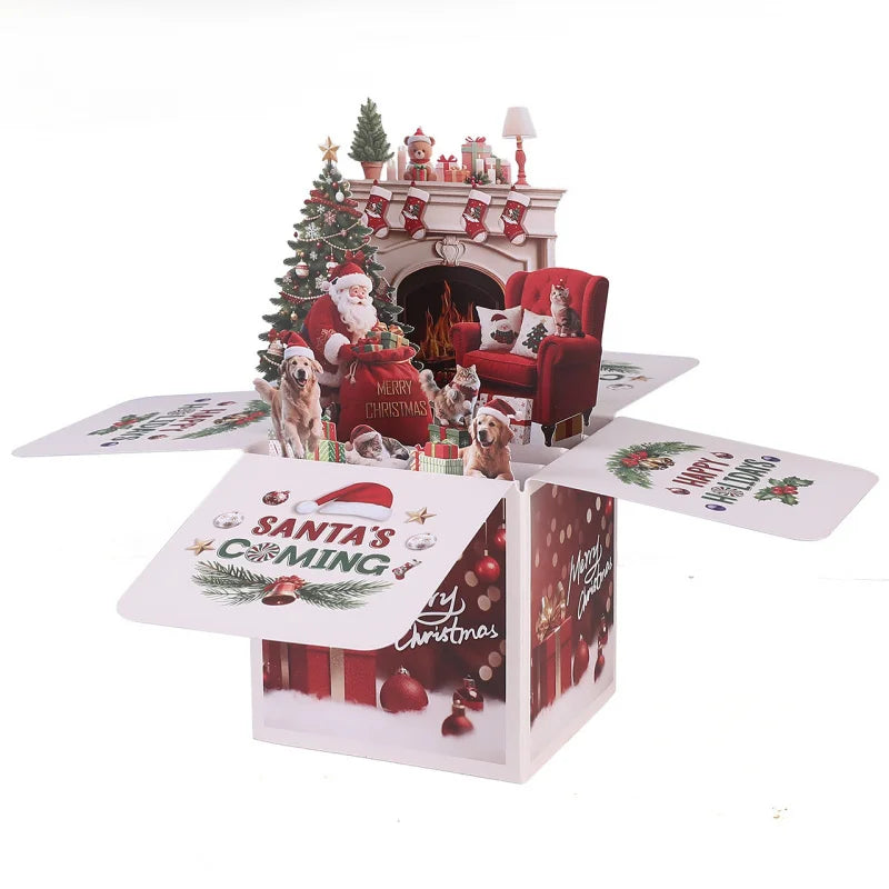 3D Pop-Up Christmas Surprise Box Card with Santa & Dogs – Holiday Gift