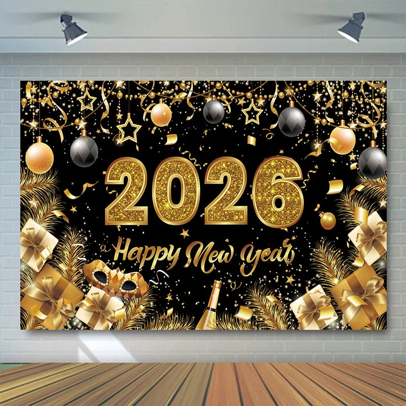 New Year 2026 Backdrop – Gold Party Banner for Photos | EURO VIBE