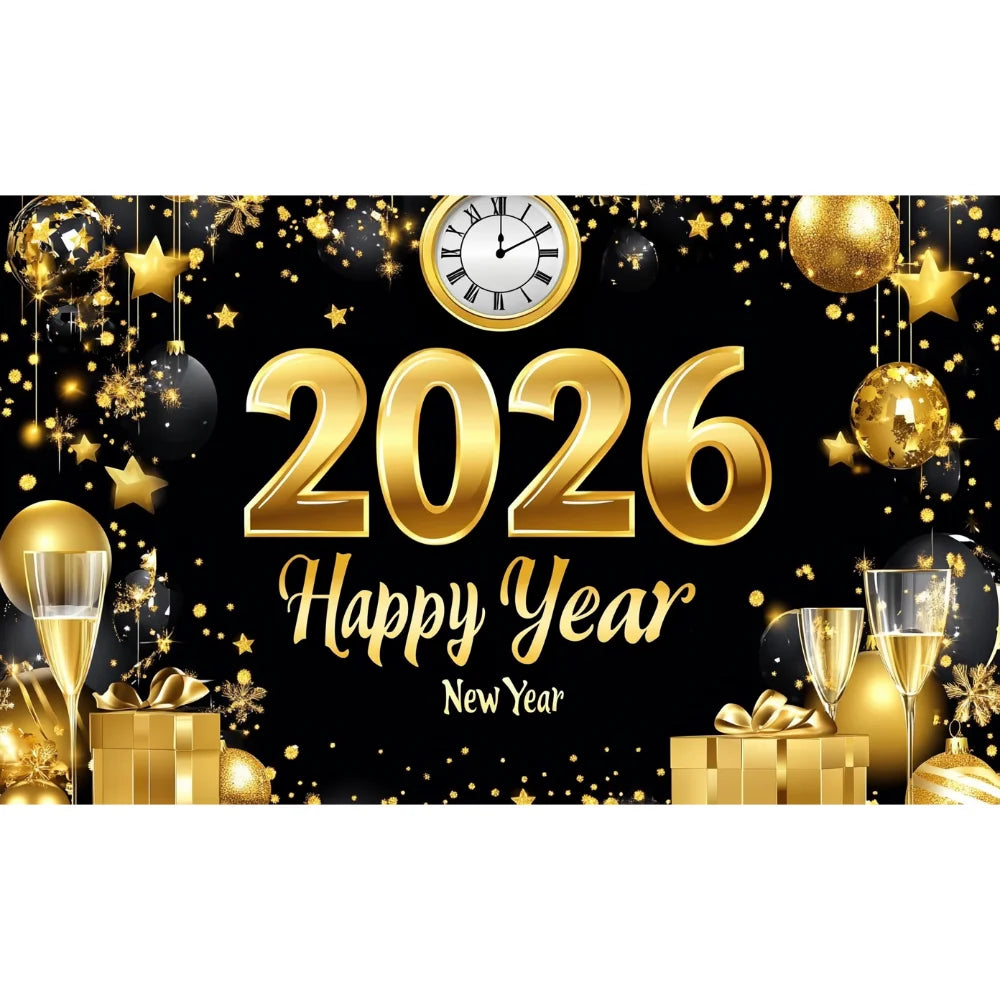 New Year 2026 Backdrop – Gold Party Banner for Photos | EURO VIBE