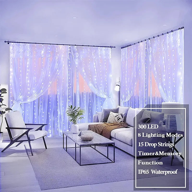 EURO VIBE 3M 300 LED Curtain Fairy Lights – Warm White Indoor Outdoor Décor