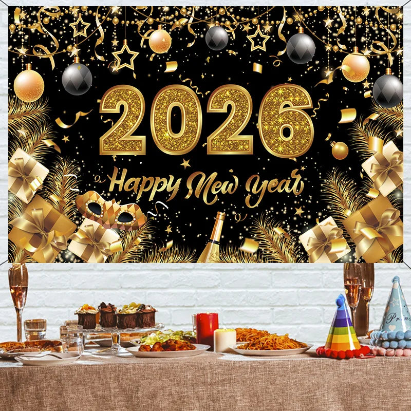 New Year 2026 Backdrop – Gold Party Banner for Photos | EURO VIBE