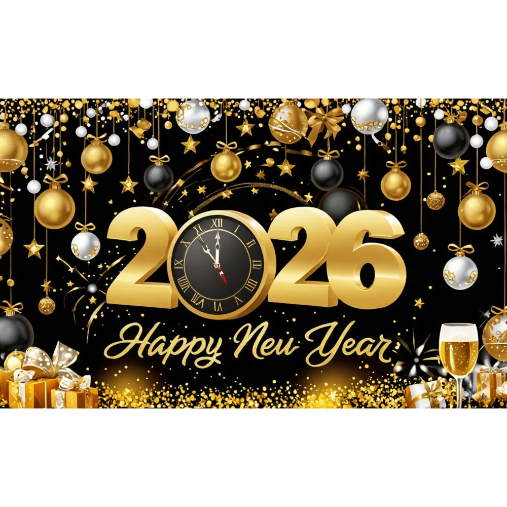 New Year 2026 Backdrop – Gold Party Banner for Photos | EURO VIBE