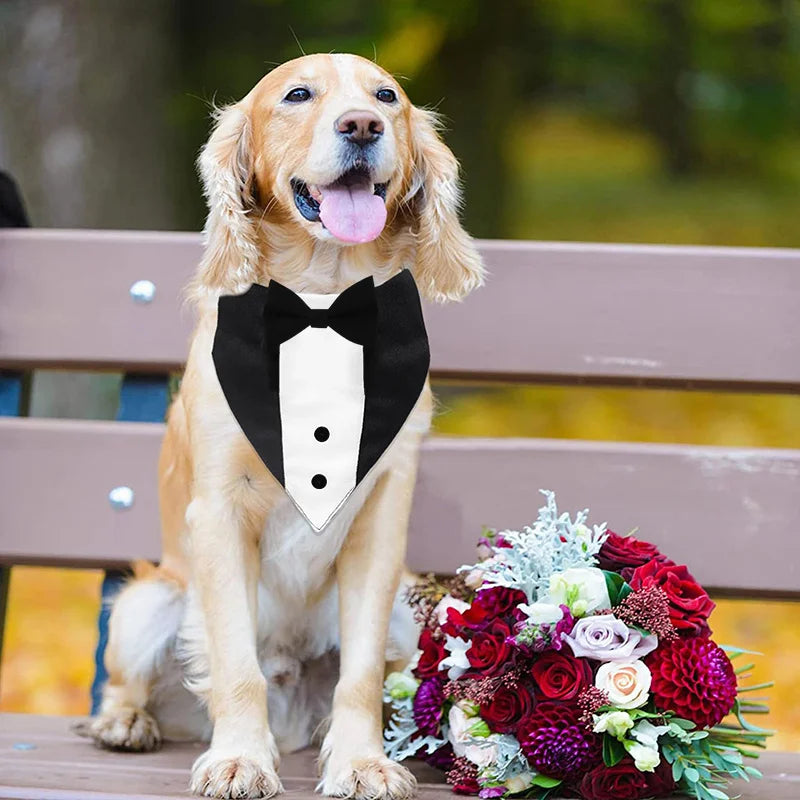 EURO VIBE Dog Tuxedo Bandana with Bow Tie – Adjustable Formal Collar