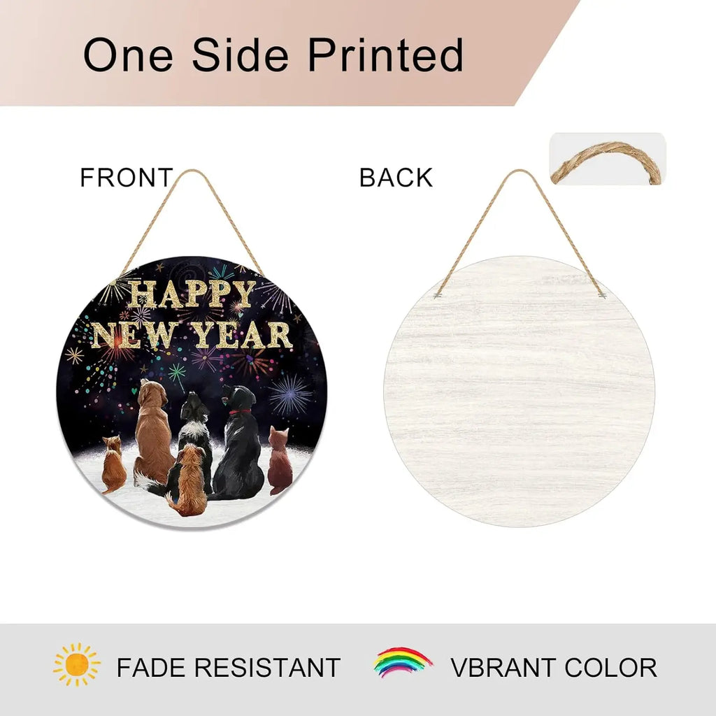 Happy New Year Dog Cat Wooden Door Sign – Festive Decor | EURO VIBE