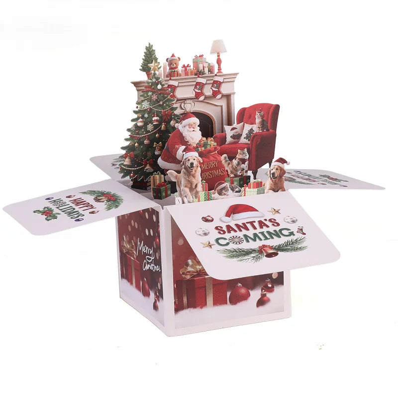 3D Pop-Up Christmas Surprise Box Card with Santa & Dogs – Holiday Gift