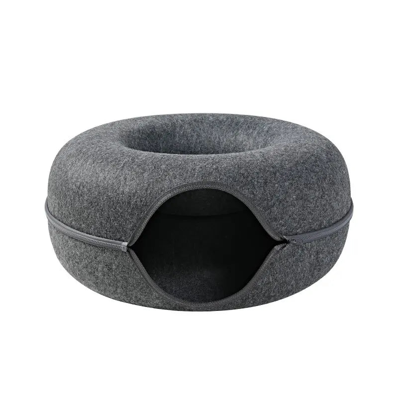 “Premium Grey Felt Donut Cat Bed & Cave – Enclosed Cat Sleep Pod