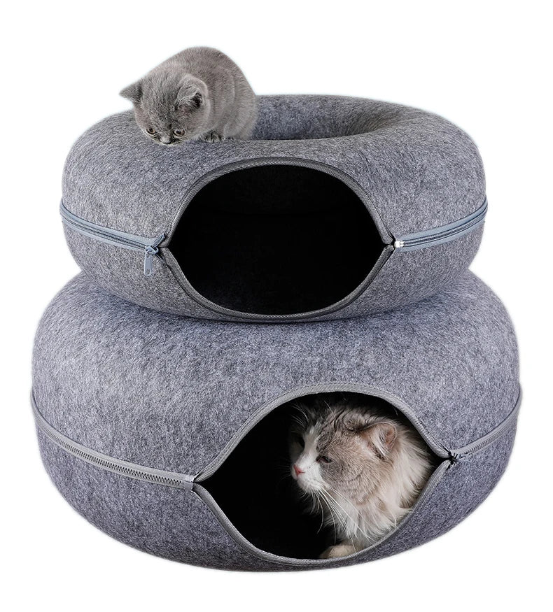 “Premium Grey Felt Donut Cat Bed & Cave – Enclosed Cat Sleep Pod