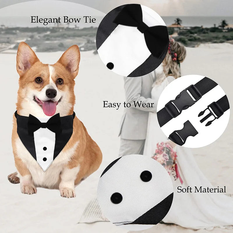 EURO VIBE Dog Tuxedo Bandana with Bow Tie – Adjustable Formal Collar