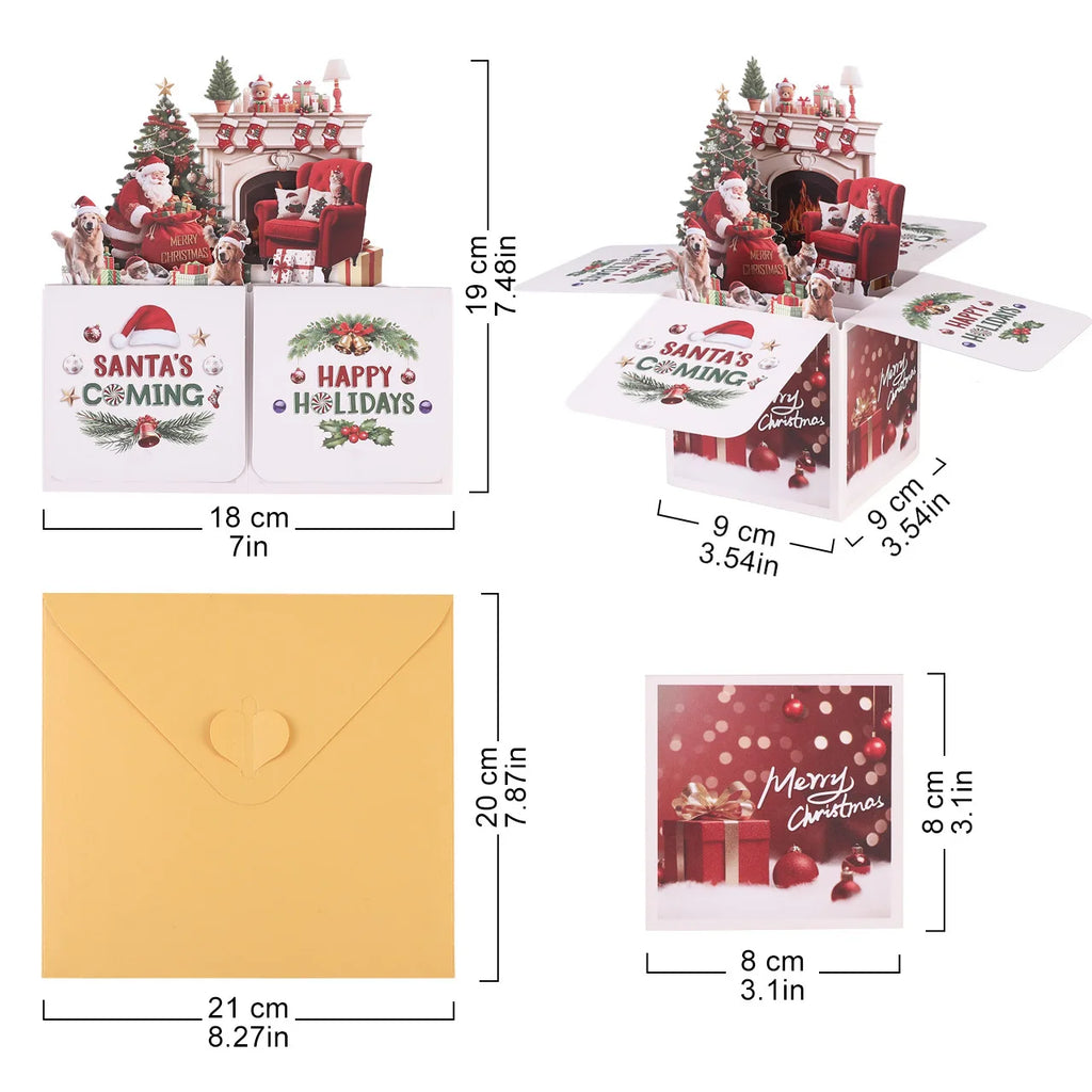 3D Pop-Up Christmas Surprise Box Card with Santa & Dogs – Holiday Gift