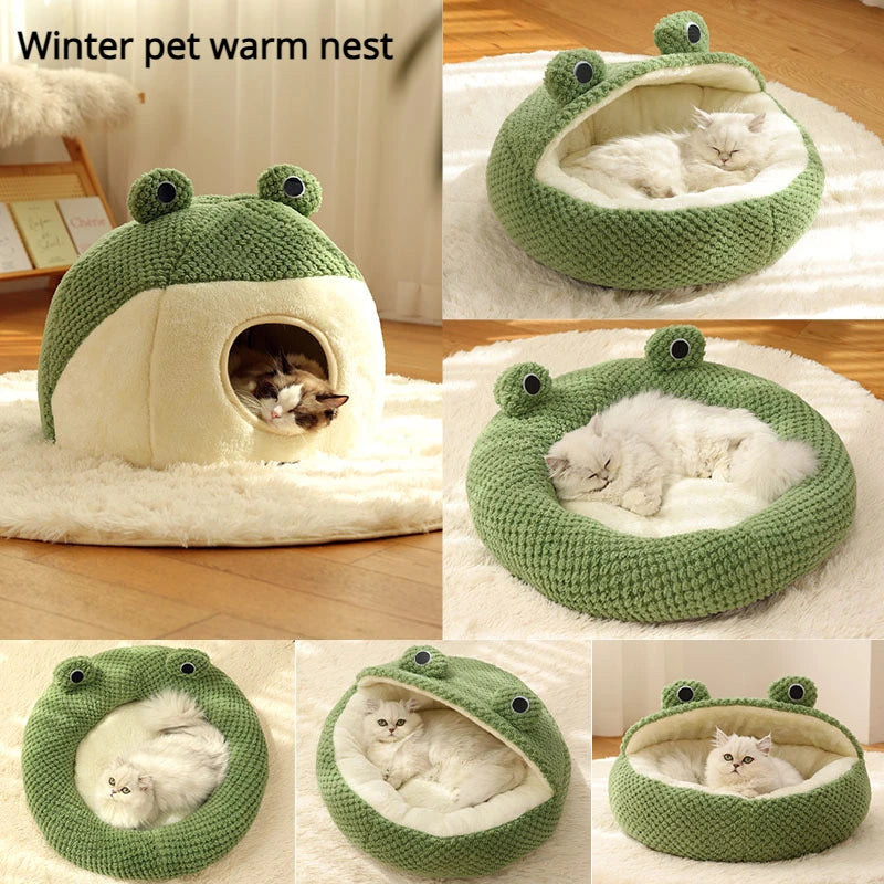 “Frog Shaped Pet Bed – Soft Winter Cat & Dog Cozy Nest”