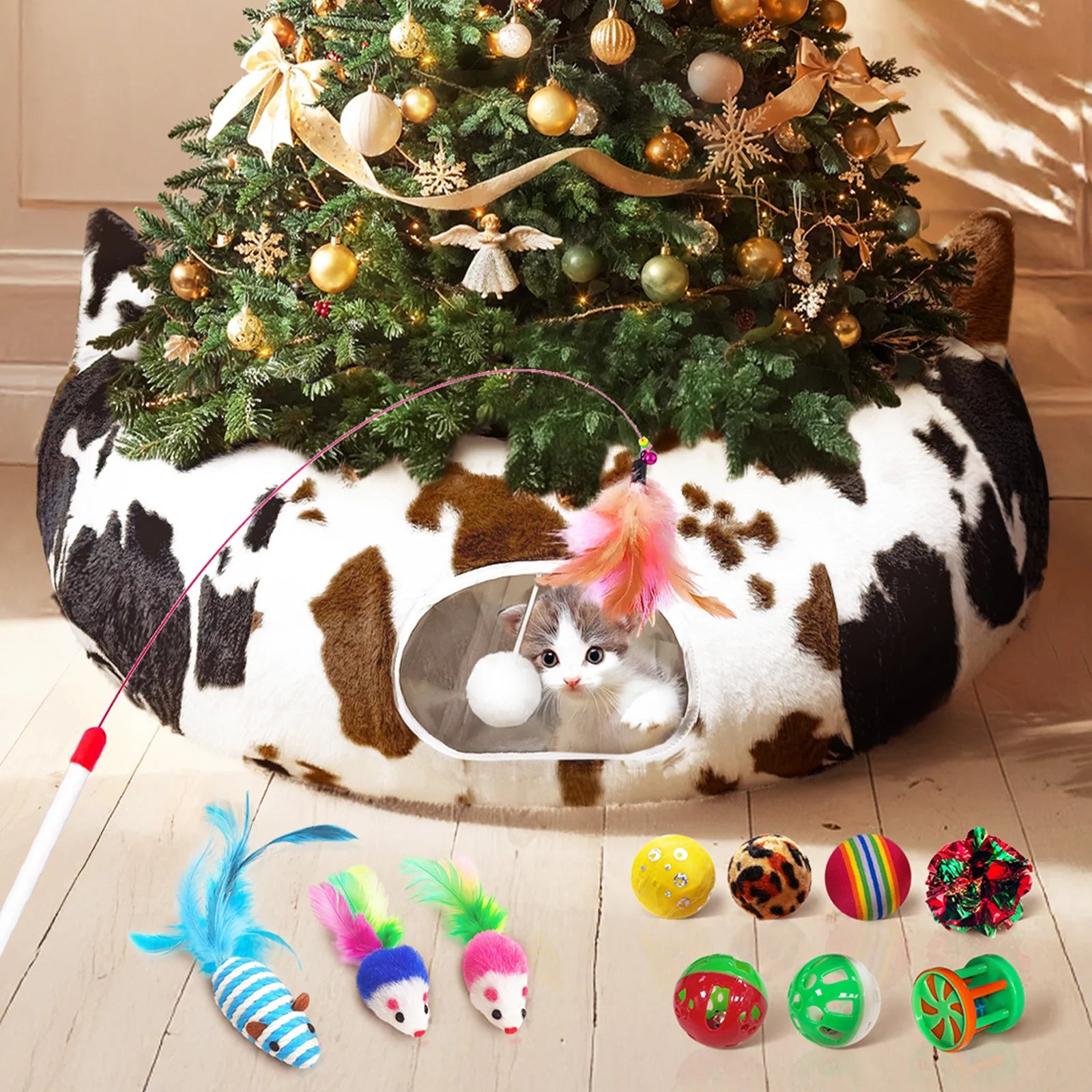 Christmas Cat Bed with Toys | Cozy Winter Pet House for Cats