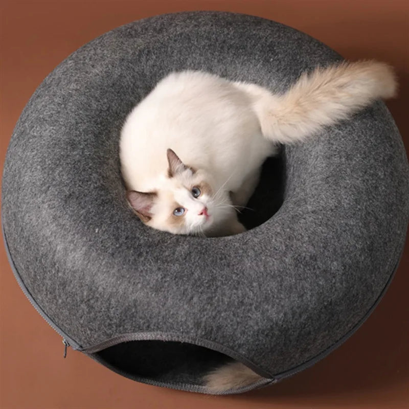 “Premium Grey Felt Donut Cat Bed & Cave – Enclosed Cat Sleep Pod