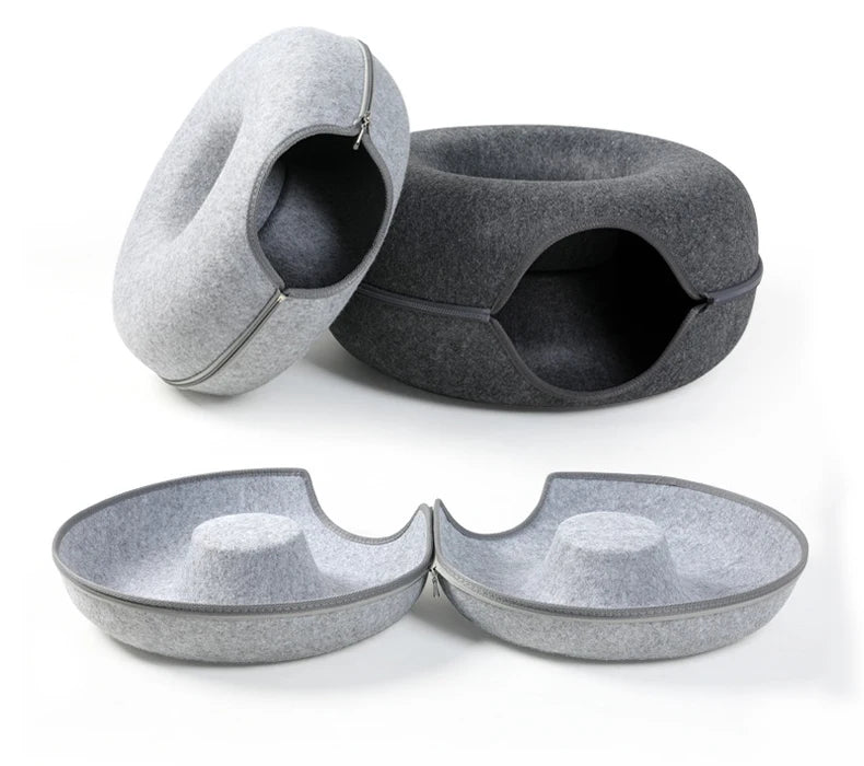 “Premium Grey Felt Donut Cat Bed & Cave – Enclosed Cat Sleep Pod