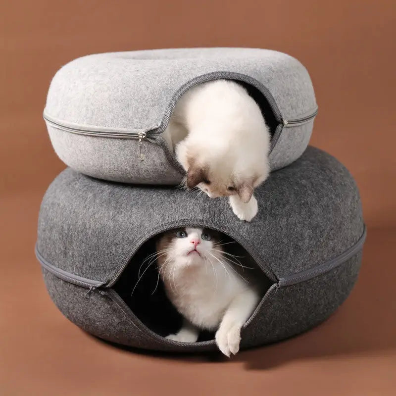 “Premium Grey Felt Donut Cat Bed & Cave – Enclosed Cat Sleep Pod