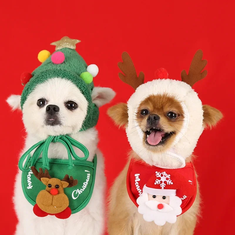 Cute Christmas Pet Costume Set | Festive Dog Hats & Bibs for Holiday Fun