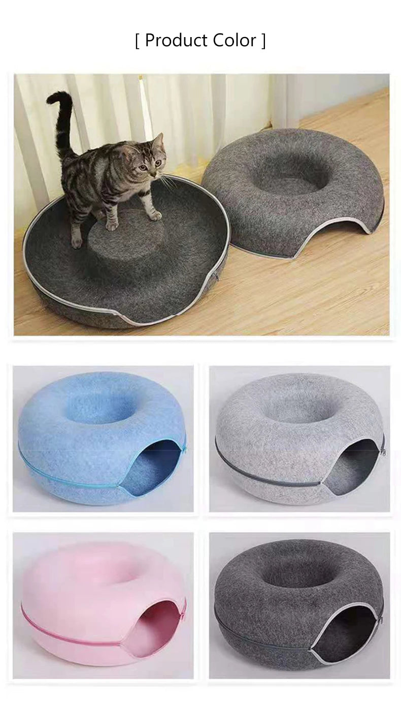 “Premium Grey Felt Donut Cat Bed & Cave – Enclosed Cat Sleep Pod
