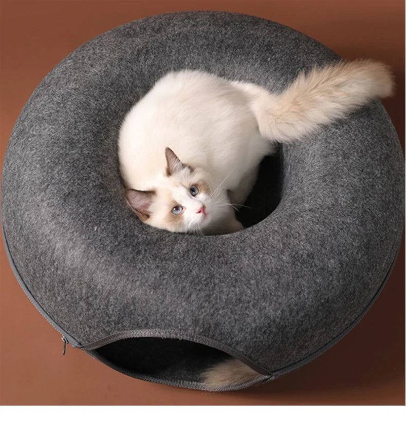 “Premium Grey Felt Donut Cat Bed & Cave – Enclosed Cat Sleep Pod