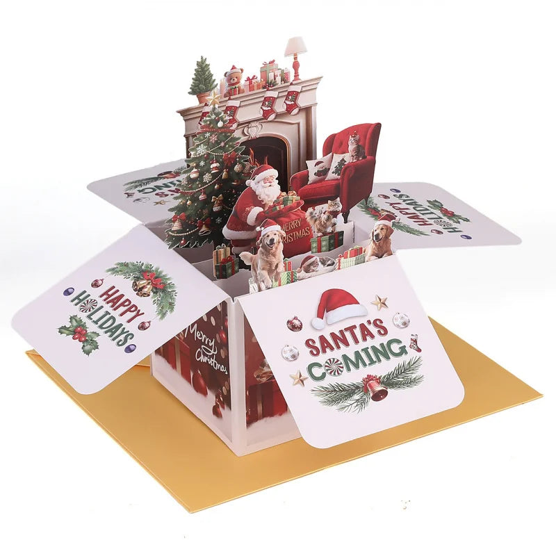 3D Pop-Up Christmas Surprise Box Card with Santa & Dogs – Holiday Gift