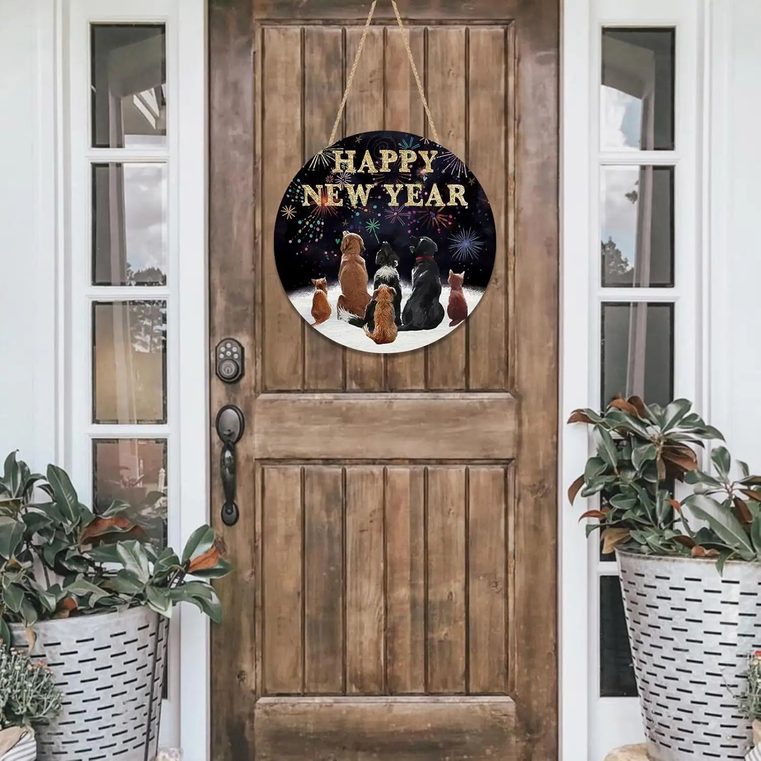 Happy New Year Dog Cat Wooden Door Sign – Festive Decor | EURO VIBE