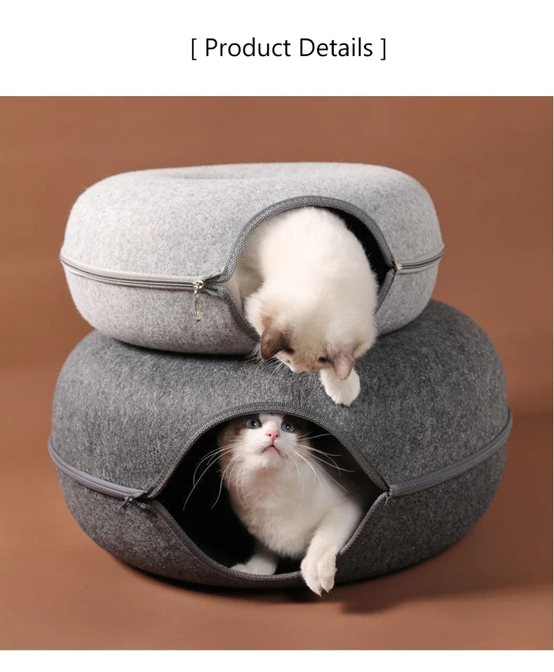 “Premium Grey Felt Donut Cat Bed & Cave – Enclosed Cat Sleep Pod