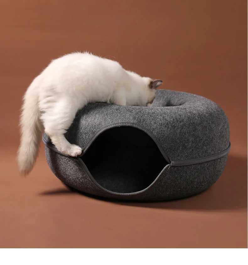 “Premium Grey Felt Donut Cat Bed & Cave – Enclosed Cat Sleep Pod