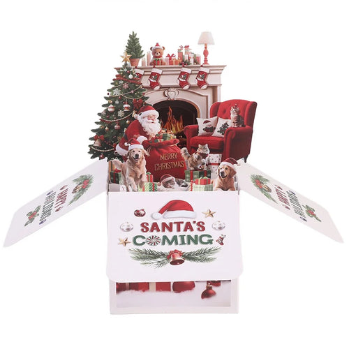 3D Pop-Up Christmas Surprise Box Card with Santa & Dogs – Holiday Gift