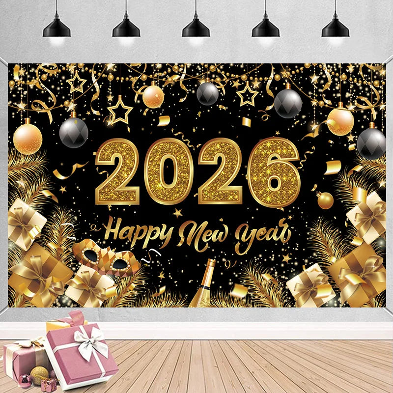 New Year 2026 Backdrop – Gold Party Banner for Photos | EURO VIBE