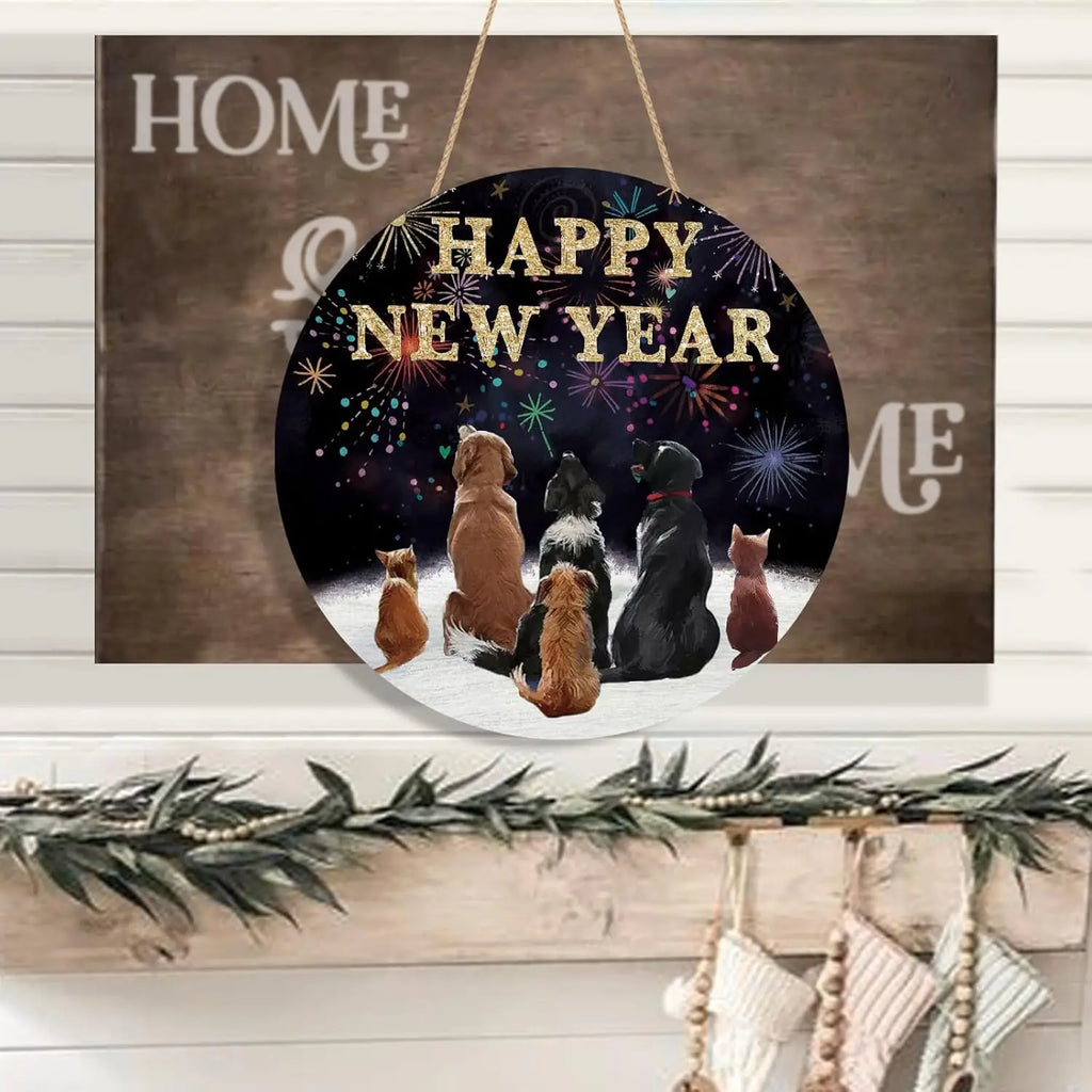 Happy New Year Dog Cat Wooden Door Sign – Festive Decor | EURO VIBE