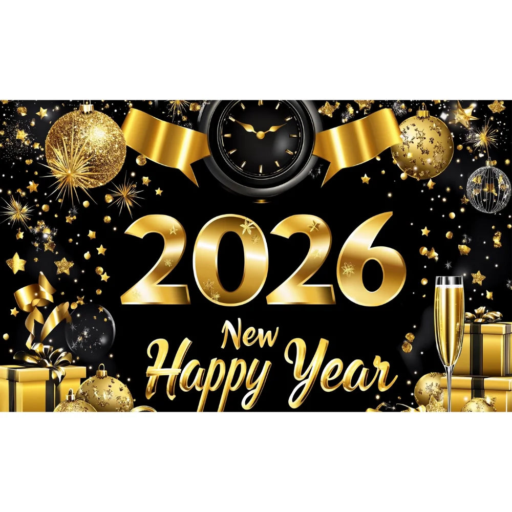 New Year 2026 Backdrop – Gold Party Banner for Photos | EURO VIBE